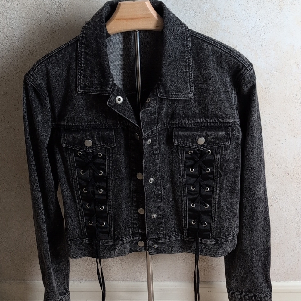 Black Cropped Denim Jacket with Lace-Up Detail